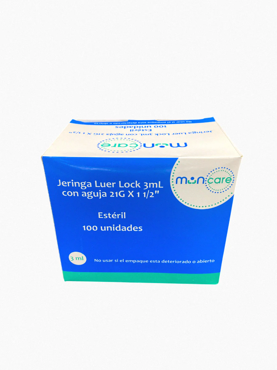 MUNCARE JERINGA DESECHABLE ESTERIL LUER SLIP EMBUTIDA 21GX 1 1/2 3ML CAJA X 100 UNIDADES