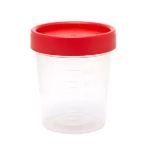 FRASCO MULTIPROPÓSITO (ORINA, LIQUIDOS, BIOSPSIAS, OTROS) TAPA ROJA 100 A 120 mL. ESTERIL. DOBLE HILO. POLIPROPILENO PR